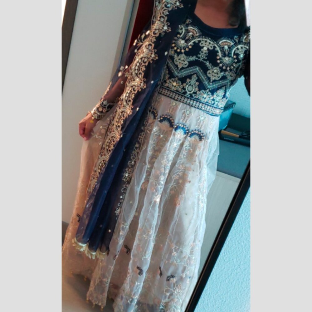 Gorgeous Blue and Beige Nude Long Sleeve Anarkali Style Indian Outfit Size 40